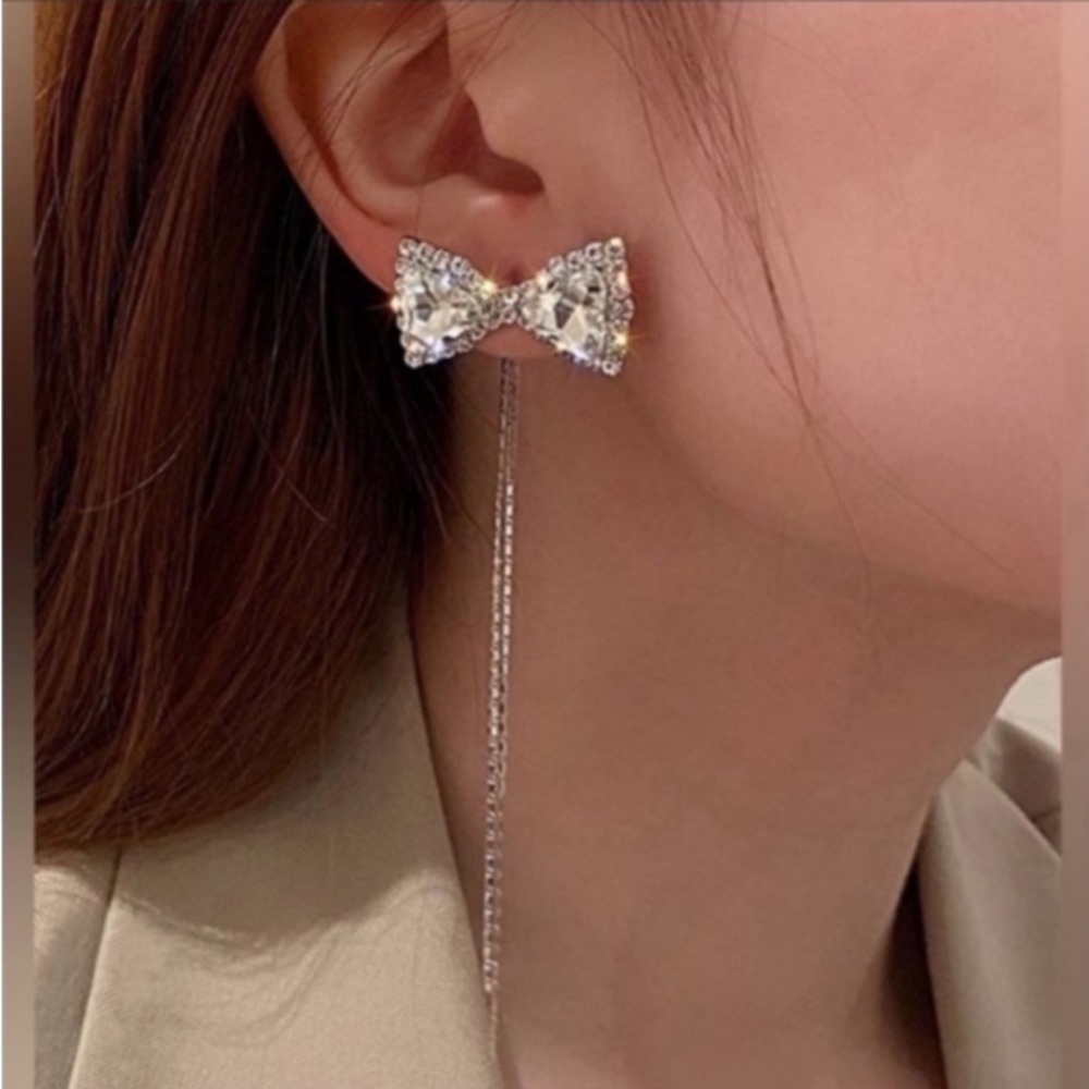 BOW RHINESTONE TASSEL DROP EARRINGS